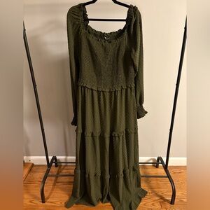 Olive Green Long Sleeve Tiered Maxi Dress